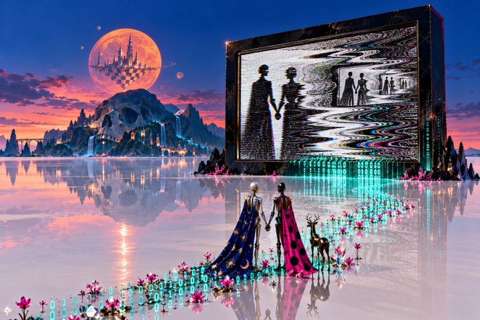 Two figures in capes holding hands watch a giant glitching monitor displaying recursive reflections of themselves, mirroring the post's playful "Recursive Self Improvement" joke—pairing hand-holding with an infinite loop of self-referential awareness set against a surreal moonlit landscape streaming binary code.