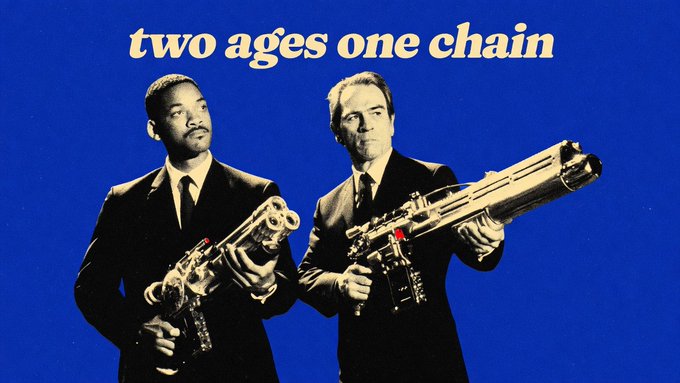 A movie-style poster with two men in suits holding large firearms against a blue background, titled 'two ages one chain'.