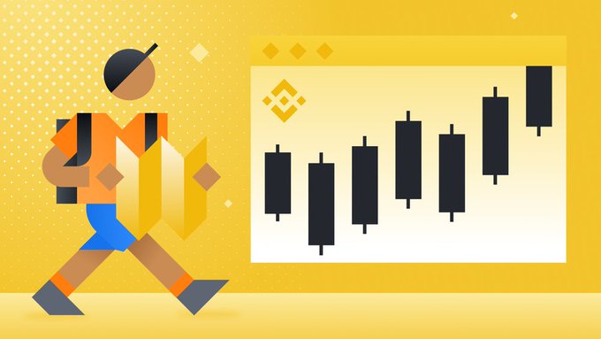 An illustrated graphic shows a stylized figure running while carrying a large gold Binance (BNB) symbol, set against a yellow background featuring a black candlestick price chart.