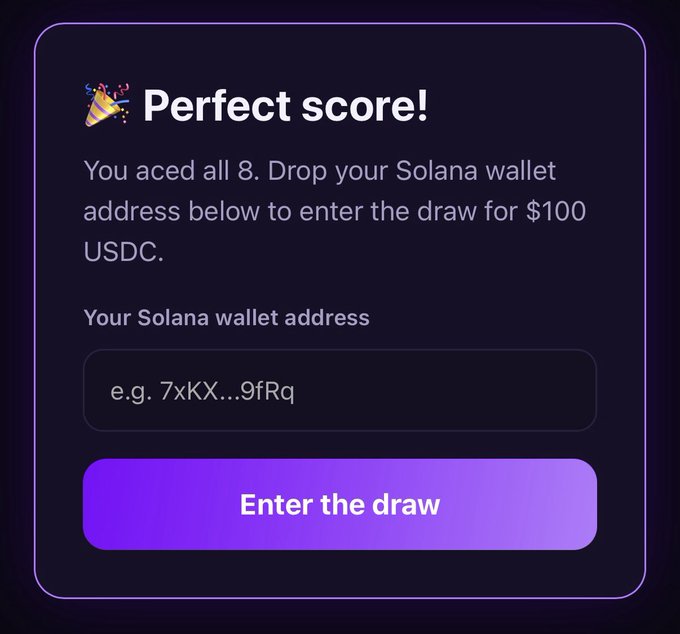 A "Perfect score!" congratulatory screen for getpayboxed.com displays a form asking users to enter their Solana wallet address for a chance to win $100 USDC, after acing all 8 quiz questions. The promo ties into a promotional campaign advertising the site as an easy way to earn money through quizzes and wallet-based rewards.