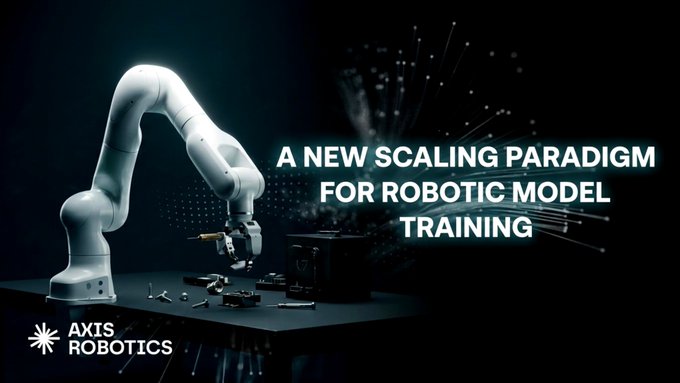 A promotional graphic for Axis Robotics with a robotic arm and the text 'A NEW SCALING PARADIGM FOR ROBOTIC MODEL TRAINING'.