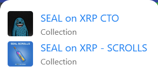 Marketplace listing showing two NFT collections: 'SEAL on XRP CTO' and 'SEAL on XRP - SCROLLS.'