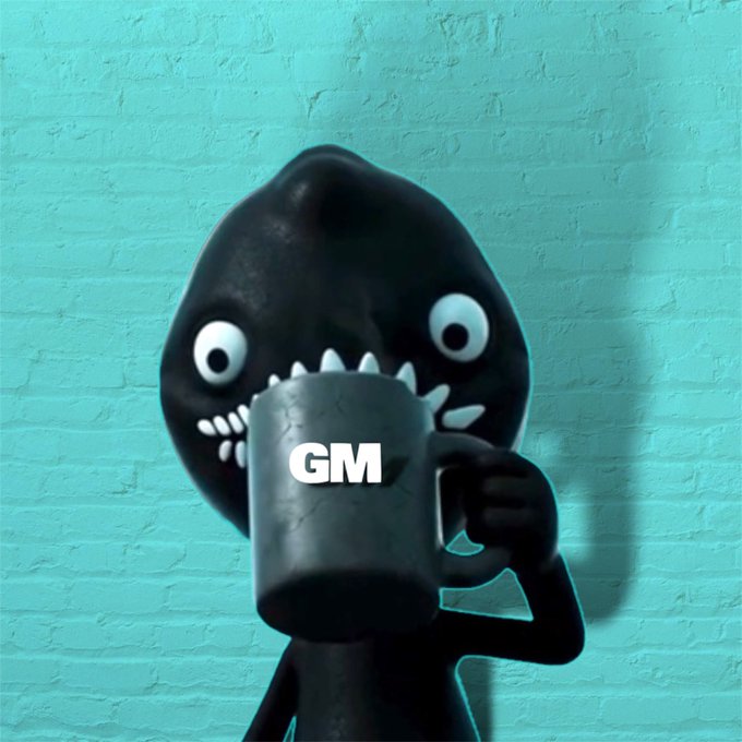 A 3D-rendered black cartoon monster with wide, googly eyes and sharp teeth holds up a cracked grey mug displaying the text 'GM' against a teal brick wall background.