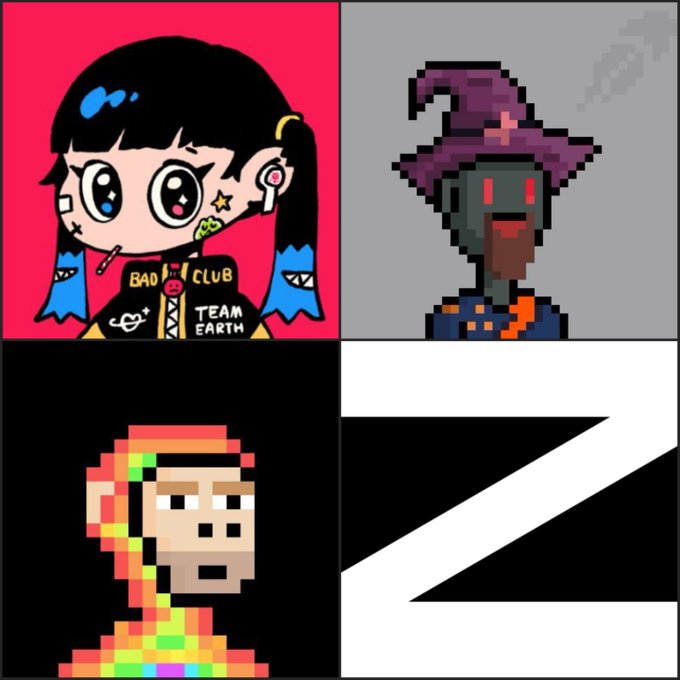 A four-panel meme featuring a chibi girl in a 'BAD CLUB / TEAM EARTH' shirt, a pixelated witch, a rainbow monkey pixel character, and a large stylized 'Z' logo.