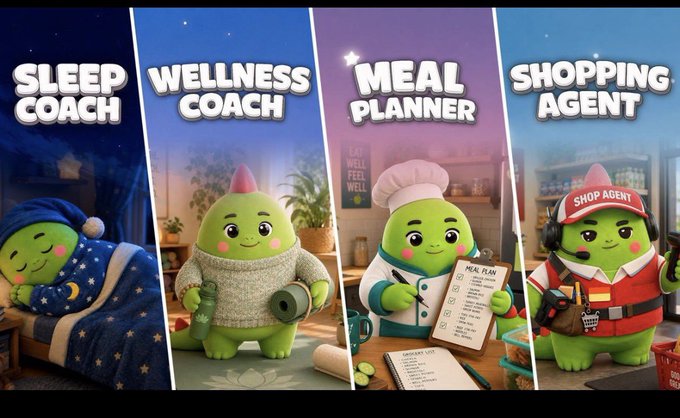 A promotional image featuring four cartoon green characters in different roles: Sleep Coach, Wellness Coach, Meal Planner, and Shopping Agent, each labeled with their respective titles.