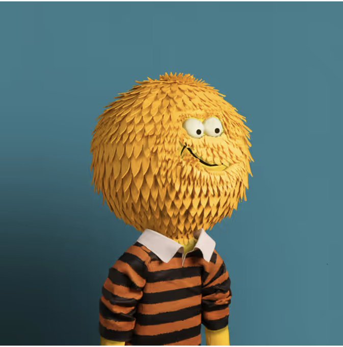 A fluffy yellow cartoon character with a wide grin wearing an orange and black striped shirt appears in the image, resembling the mascot from the "@OriginalBlokyz" NFT collection mentioned in the post about creative NFT projects.