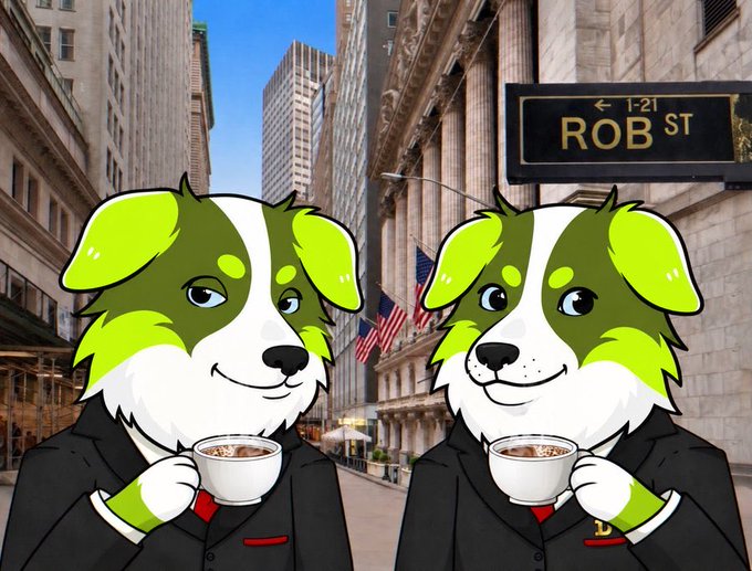 Two identical cartoon-style dog avatars with white and green fur wearing black suits and red ties, each holding a coffee cup, superimposed over an image of a New York City street with a 'ROB ST' sign visible.