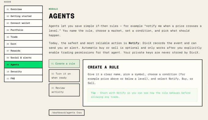 A documentation page titled 'AGENTS' explaining how to create simple if-then rules for markets, with sidebar navigation including Overview, Getting started, Connect wallet, Portfolio, Trade, Earn, Rewards, Social & alerts, Security, and FAQ.