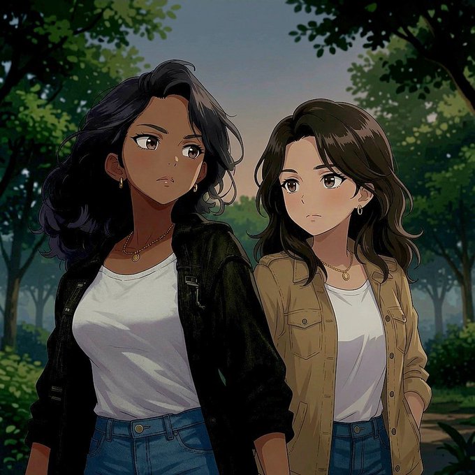An anime-style illustration shows two young women standing together in a forested area, one with darker skin and dark hair in a black jacket, and the other with brown hair in a tan jacket.