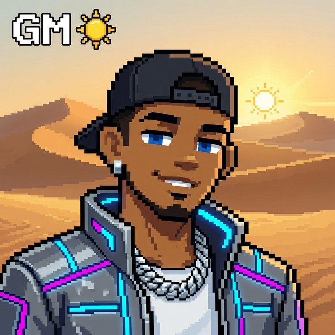 A pixel art image shows a young man wearing a backward black cap and a futuristic jacket with neon blue and pink accents, along with a diamond chain, set against a desert sunset backdrop with a "GM☀️" logo in the top left corner, visually reinforcing the "GM Everyone" (Good Morning) greeting.