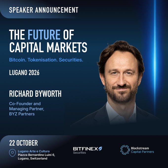 A speaker announcement graphic for 'THE FUTURE OF CAPITAL MARKETS - Bitcoin. Tokenisation. Securities.' in Lugano 2026 on 22 October, featuring a photo of Richard Byworth, Co-Founder and Managing Partner of BYZ Partners, with logos for Bitfinex Securities and Blockstream Capital Partners.