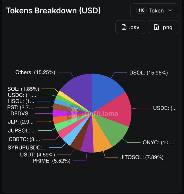 A pie chart titled 'Tokens Breakdown (USD)' showing the distribution of 116 tokens, with DSOL holding the largest share at 15.96%, followed by Others at 15.25% and ONYC at approximately 10%.