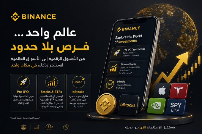 A Binance promotional advertisement in Arabic showcases the platform's expanded investment features, highlighting Pre-IPO opportunities, Stocks & ETFs (7000+ US stocks including Apple, Tesla, and SPY), and 24/7 bStocks trading, with the phone screen displaying "Explore the World of Investments." The image directly supports the post's message about Binance opening doors to global markets beyond just cryptocurrency trading, as illustrated by the visible stock and ETF tickers and the tagline "مستقبل الاستثمار الآن بين يديك" (The future of investment is now in your hands).