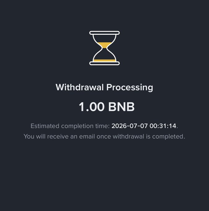 A Binance withdrawal processing screen shows 1.00 BNB with an estimated completion time of 2026-07-07 00:31:14, humorously implying an extremely long wait. The post jokes about sending BNB rather than "supply," mocking KOLs who hype projects without backing them with real capital.