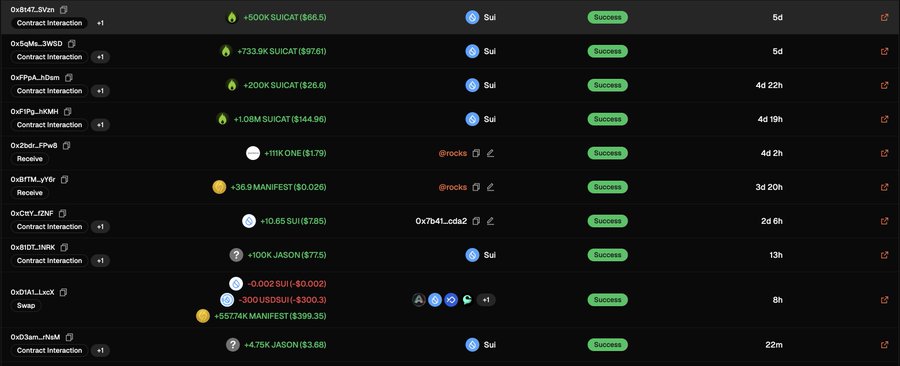 A dark-themed crypto transaction history interface showing various successful Sui wallet interactions, swaps, and transfers with tickers like SUICAT, MANIFEST, ONE, and JASON, including timestamps and USD values.
