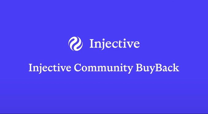 A solid blue graphic with the Injective logo and text reading 'Injective Community BuyBack'.