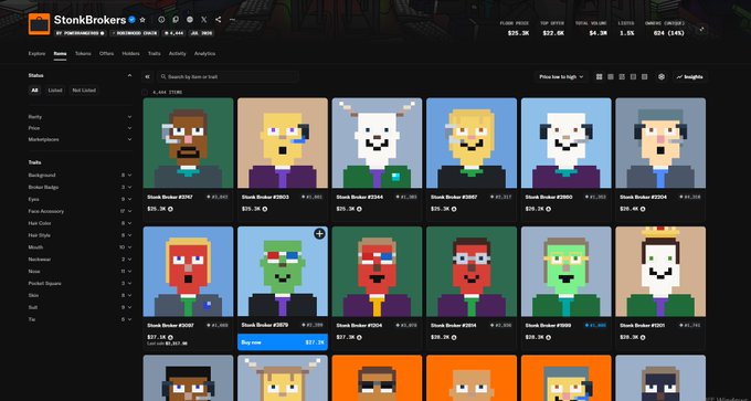 Screenshot of the StonkBrokers launchpad showing a grid of pixel-art character NFT tokens with prices like "Stonk Broker #2767 $25.3K" and trading volumes around $4.3K, set to coincide with the launch of the Robinhood Chain and Stonk Launcher.