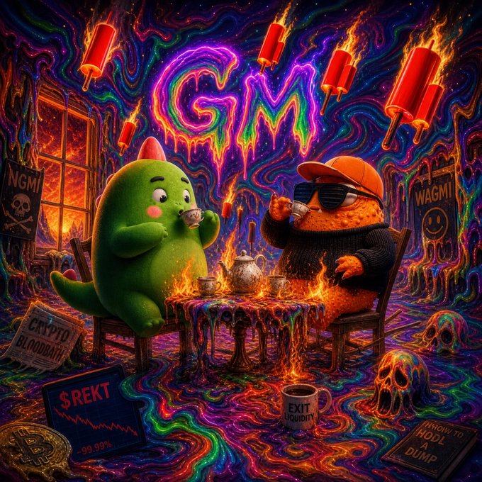 Two cartoon characters—a green dinosaur-like creature and an orange figure in a cap and sunglasses—share a chaotic tea party amid psychedelic flames, melting candles, and skull motifs, with prominent crypto-text reading "GM," "NGMI," "WAGMI," "CRYPTO BLOODBATH," "SREKT -99.99%," "EXIT LIQUIDITY," and "HOW TO HODL A DUMP."

The vivid scene's blend of "GM" cheer and apocalyptic market warnings humorously contrasts the post's optimistic vision of a collaborative agent network with crypto's notoriously brutal trading culture.