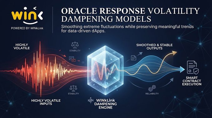 An infographic titled 'ORACLE RESPONSE VOLATILITY DAMPENING MODELS' powered by WinLink shows highly volatile inputs being processed through the WinLink Dampening Engine to produce smooth, stable outputs for smart contract execution.