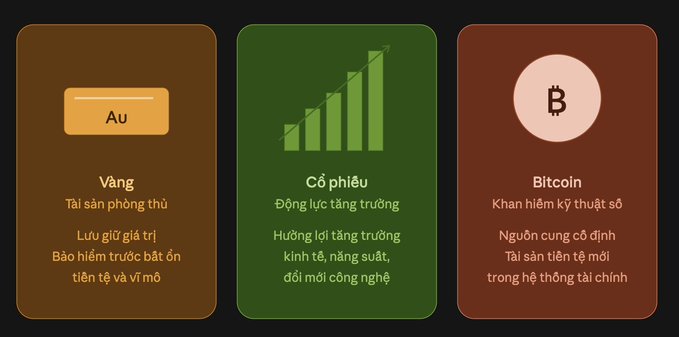 An infographic in Vietnamese comparing three assets: 'Vàng' (Gold/Au) as a stable store of value, 'Cổ phiếu' (Stocks) with a rising growth chart, and 'Bitcoin' as a new digital asset.