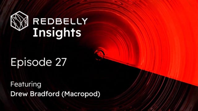 The image features a red circle with black lines, which appears to be a logo or design element related to the Redbelly Insights podcast. The caption below the image reads "ep27 featuring Drew Bradford (Macropod)". This suggests that the image is part of an article or post about the Redbelly Insights podcast and its featured episode.