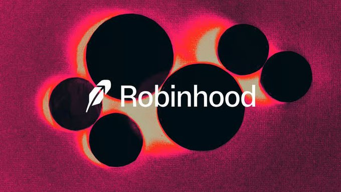 The Robinhood logo displayed on a textured red background with dark circular patterns.