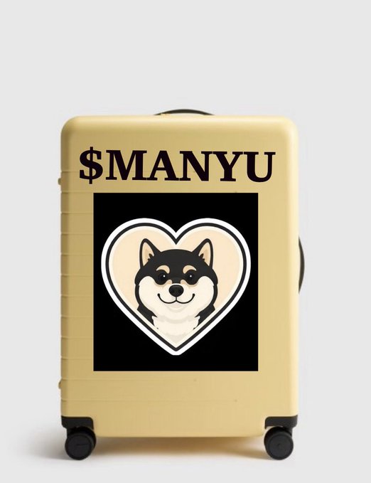 A cream-colored suitcase displays the text "$MANYU" above a heart-framed illustration of a Shiba Inu dog on a black background, visually tying into the post's message about loading bags on dips for the $MANYU token.