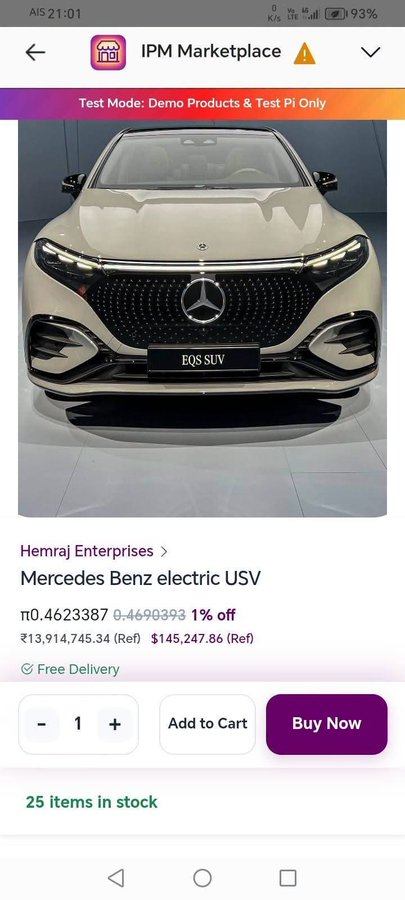 A mobile app screenshot from 'IPM Marketplace' displaying a Mercedes Benz EQS SUV priced at ₹13,914,745.34 with 1% off, sold by Hemraj Enterprises.
