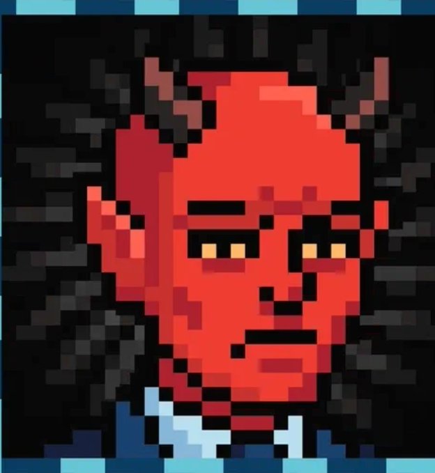 A low-resolution pixel art portrait of a man with a red face against a black background, framed by a blue border.