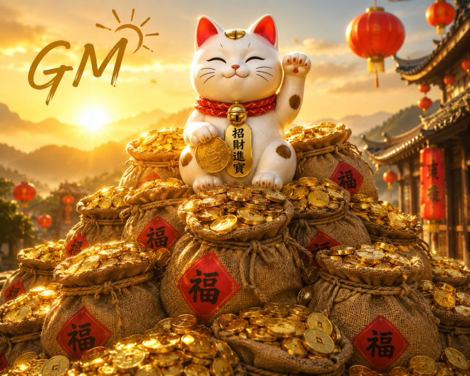 A festive Chinese New Year-themed illustration featuring a smiling lucky cat (Maneki-neko) holding a gold coin, sitting atop piles of golden coins and burlap sacks marked with the '福' (fortune) character, with red lanterns hanging in the background and 'GM' text.