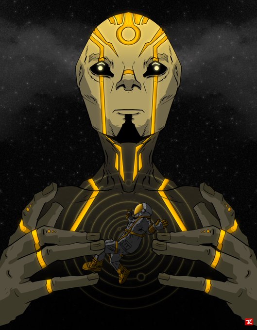 A stylized digital illustration depicts a large, glowing-eyed humanoid figure with circuit-like patterns holding a small astronaut in its hands against a starry space backdrop, with a 'TK' signature in the corner.