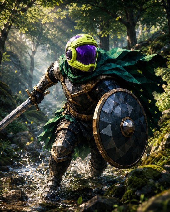 Digital artwork of an armored fantasy warrior with a green and gold geometric helmet, a green cloak, a sword, and a large dark shield wading through a forest stream.