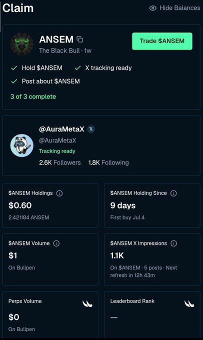 A claim interface for the $ANSEM token ('The Black Bull') showing 3 of 3 tasks complete, with AuraMetaX tracking ready, $0.60 holdings (2.42184 ANSEM) held for 9 days, $1 volume on Bullpen, 1.1K X impressions, and a 'Trade $ANSEM' button.