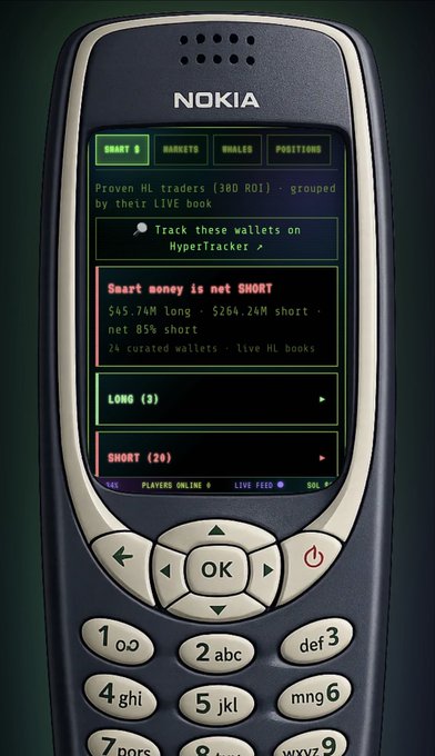 The image shows an old Nokia cell phone with a screen displaying a message about a new feature called SnakeOS, which was a custom retro game that was supposed to be released months ago but has not yet been released. The phone's display also includes information about a new feature called "RADAR" and the words "@HyperTracker & @arkham".