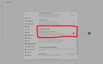 A screenshot of ChatGPT's settings menu with the "Developer mode" option highlighted in a red box, showing the toggle enabled. The image relates to the post about being the first in their bloodline to know about crypto, as activating ChatGPT's Developer mode is often associated with exploring AI tools and gaining a competitive edge.