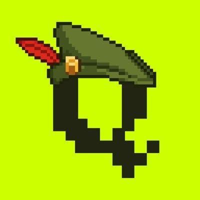 A pixel art illustration of a Robin Hood-style green hat with a red feather against a bright lime green background.