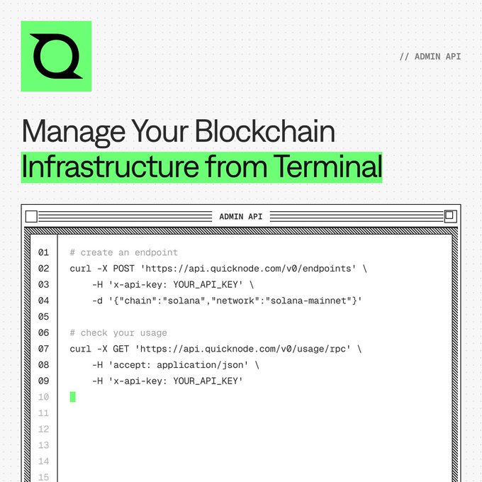 A QuickNode advertisement with the headline 'Manage Your Blockchain Infrastructure from Terminal' and a code snippet showing curl commands for the Admin API.