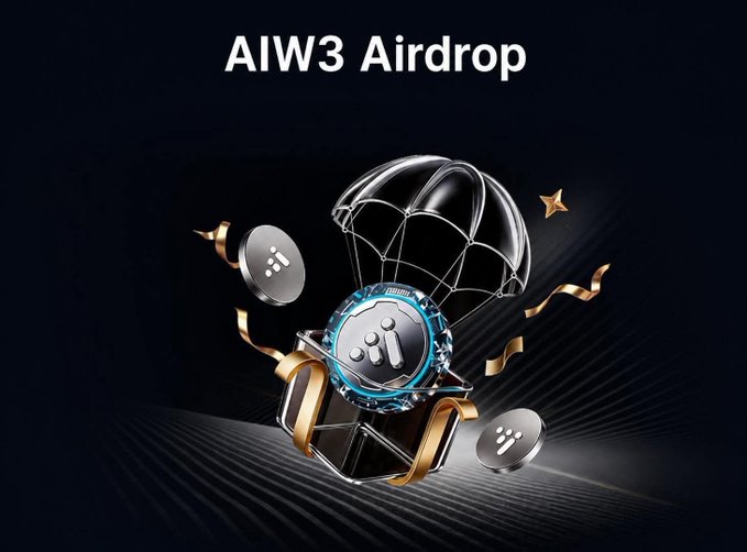 A promotional banner titled 'AIW3 Airdrop' showing a 3D rendered parachute and metallic discs with the project's logo against a black background.