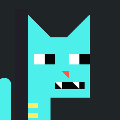 A pixel art illustration depicts a turquoise cat-like creature with a white and red triangular nose and a toothy grin.