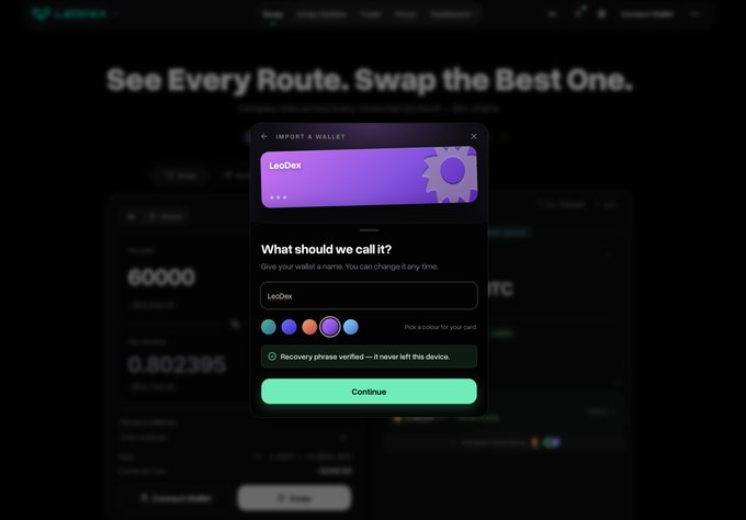 A dark-themed crypto website interface showing 'See Every Route. Swap the Best One.' with a LeoDex wallet import popup dialog.