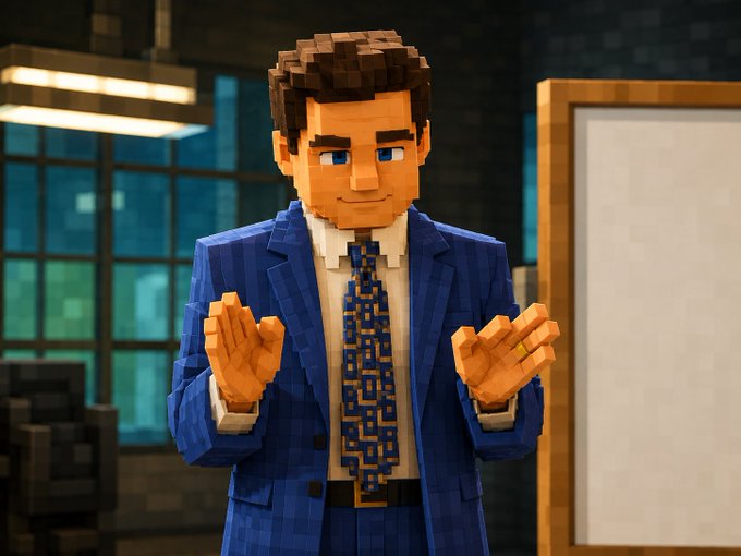 A 3D voxel/blocky style animated character of a man in a blue suit and patterned tie, gesturing with both hands raised in an office setting.