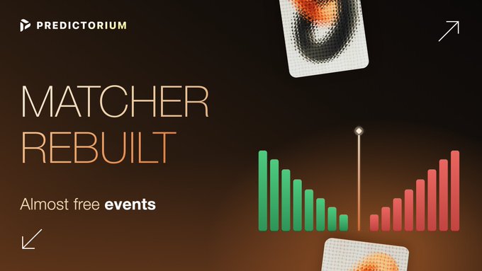 A promotional graphic for 'PREDICTORIUM' featuring the text 'MATCHER REBUILT' and 'Almost free events' alongside a bar chart with green and red bars.