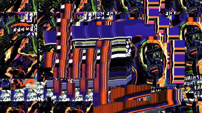 An abstract, glitch-art style composition with vibrant overlapping colors, distorted text fragments, and geometric patterns creating a chaotic visual effect.