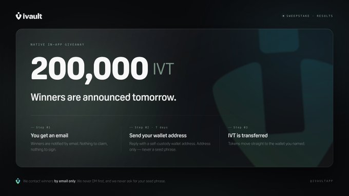 An IVault giveaway banner stating 'NATIVE IN-APP GIVEAWAY 200,000 IVT' with the message 'Winners are announced tomorrow' and three steps for receiving tokens.
