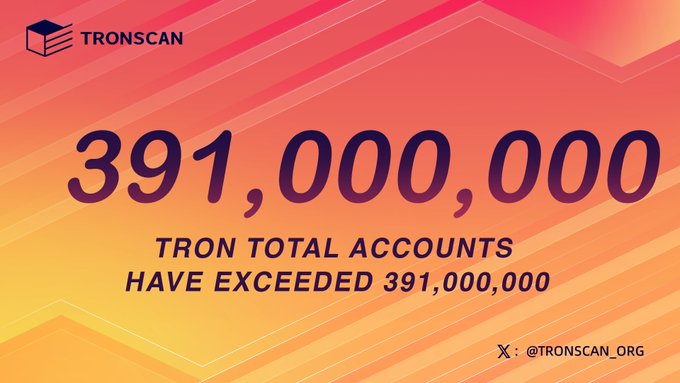 The image is a promotional graphic from TRONSCAN featuring bold text that reads "391,000,000 - TRON TOTAL ACCOUNTS HAVE EXCEEDED 391,000,000," set against a vibrant pink and yellow gradient background with the TRONSCAN logo and their X (Twitter) handle @TRONSCAN_ORG. This milestone graphic directly reinforces the post's message by highlighting a tangible measure of network adoption—emphasizing that TRON's growth of over 391 million accounts represents real, growing participation in the blockchain ecosystem beyond just financial metrics.