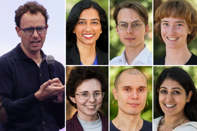 A collage showing a man with glasses speaking into a microphone on the left, alongside six portrait photos of diverse individuals arranged in a grid on the right.