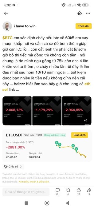 The image shows a phone screen with a message from someone named "Thứ đáng sợ nhất trong crypto không phải BTC giảm từ" written on it, which is about the current value of Bitcoin. The post also includes information about other cryptocurrencies and their values.