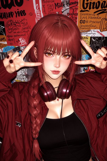 An anime-style digital illustration of a red-haired girl with a long braid, headphones around her neck, making double peace signs while wearing a dark red jacket over a black top.