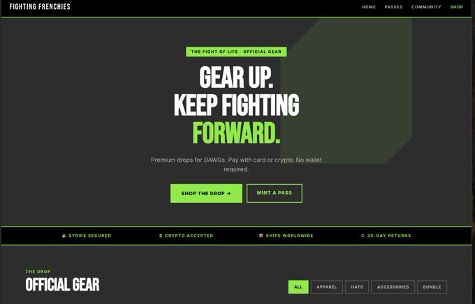 The image shows the "Fighting Frenchies" official gear shop homepage, featuring bold "GEAR UP. KEEP FIGHTING FORWARD." text alongside CTAs for "SHOP THE DROP" and "MINT A PASS." The accompanying post highlights the project's "Leg 2" development phase, tying to the website's visible "MINT A PASS" button which directs users to fightingfrenchies.io/passes, reinforcing the message that the Web3 IP-driven venture is strengthening its infrastructure and execution.