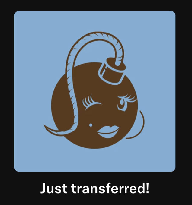 A stylized brown circular logo featuring a winking face with a hair lock, displayed on a blue background with the text 'Just transferred!'